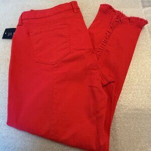 CROWN&IVY DENIM SKINNY CROPPED JEANS W/ RUFFLE HEM, SIZE 12 NEW W/TAG CORAL